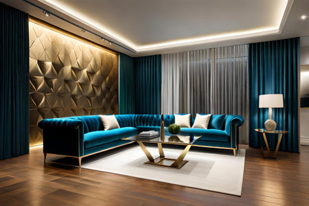 3d rendering luxury living room with blue velvet sofa and coffee tableの素材