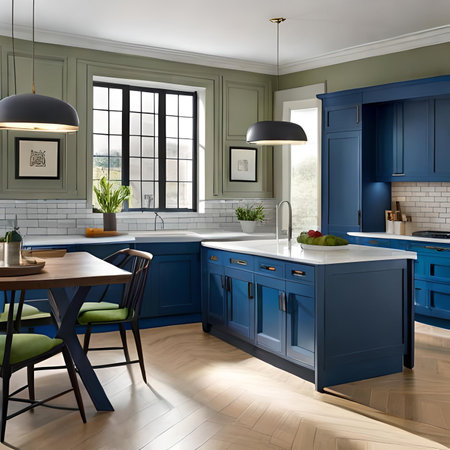 3d render of classic blue kitchen interior design in modern house.の素材