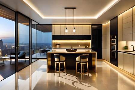 Interior of modern kitchen with black and white walls, tiled floor, panoramic window and dining areaの素材