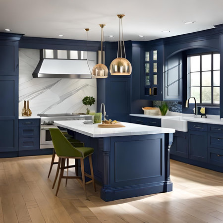3d render of modern classic blue kitchen in a house with a beautiful designの素材