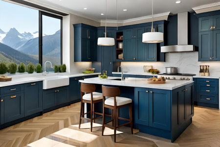 3d rendering of blue modern kitchen in a house with mountain viewの素材