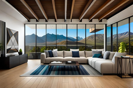 Interior of modern living room with mountain view. 3D renderingの素材