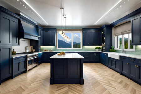 3d render of modern classic kitchen in blue color with wooden floorの素材