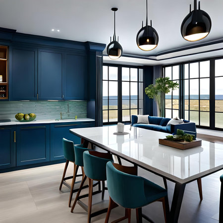 3d rendering of blue kitchen and dining room in a modern houseの素材