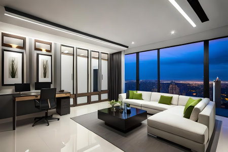 Luxury living room with a large window overlooking the city at nightの素材