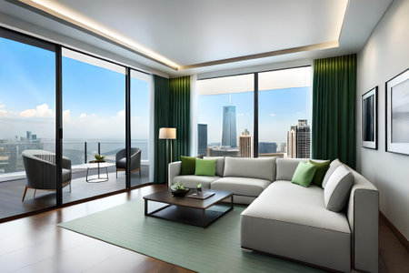 Modern living room with panoramic window overlooking the city. 3D renderingの素材