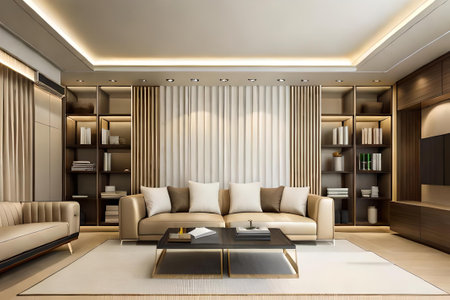 3d rendering luxury living room with sofas and bookcaseの素材