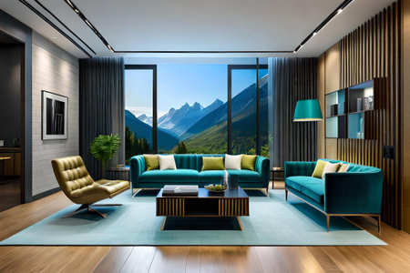 interior of modern living room with mountain view, 3d renderingの素材