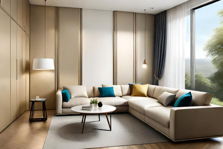Interior of modern living room with sofa and coffee table 3D renderingの素材