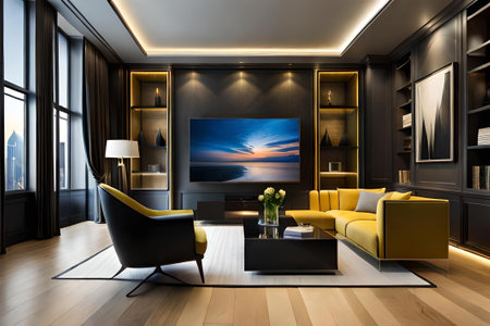 3d rendering luxury living room with tv on wall and modern furnitureの素材