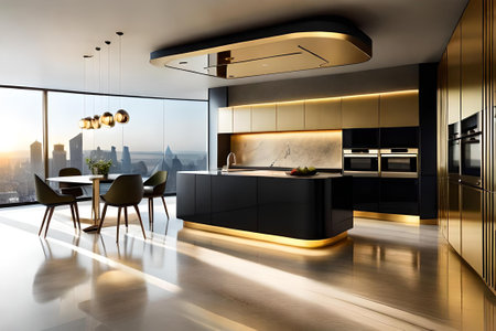 Luxury kitchen interior with panoramic window and city view. 3D Renderingの素材
