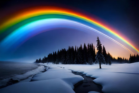 Fantastic Christmas landscape with a rainbow over a frozen lake.の素材