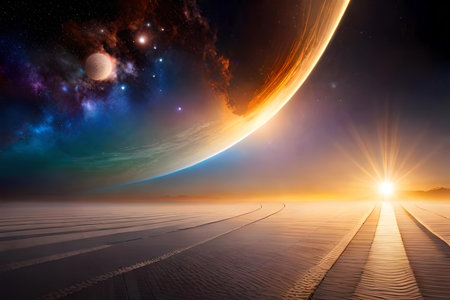 Futuristic space scene with planet and sun. 3d renderingの素材