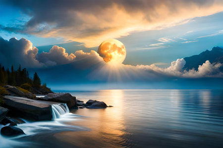 mountain lake at sunset with full moon and clouds in the skyの素材