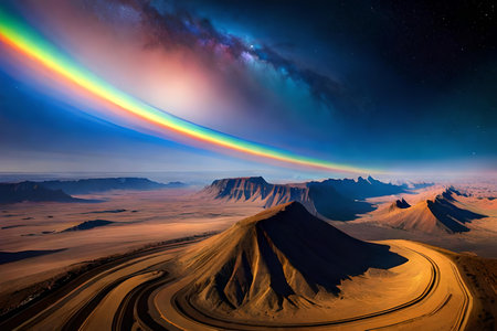 Fantasy alien planet. Mountain and  rainbow. 3D illustrationの素材