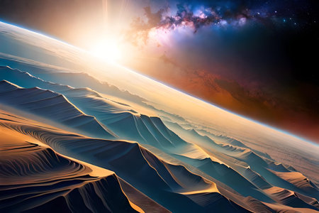 Beautiful space background with sand dunes and sunrise. 3d renderingの素材