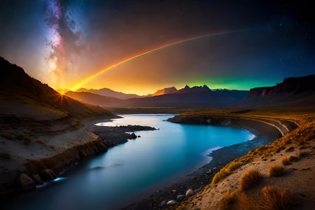 Rainbow over the lake at sunrise in Patagonia, Argentinaの素材