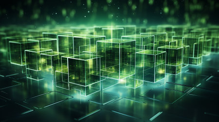 3D rendering of abstract technological background with square shapes in green colorsの素材