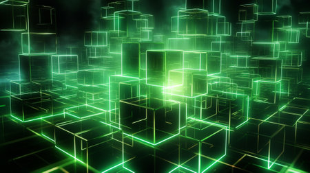 Glowing green cubes on dark background. Abstract 3d rendering illustrationの素材