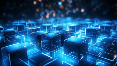 Abstract 3d rendering of blue glowing cubes. Futuristic background.の素材