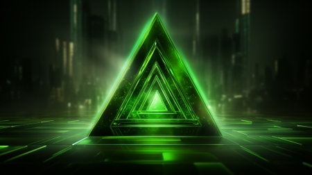 Glowing triangle in front of a dark background with green neon lightsの素材