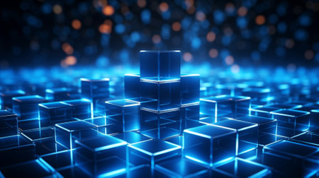 3d render, abstract background with cubes in blue light, computer digital imageの素材