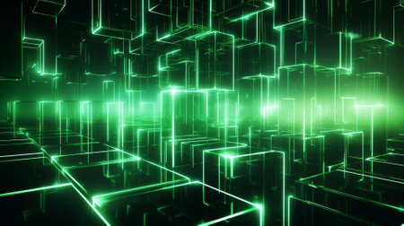 Glowing neon squares and lines in space, 3d rendering backgroundの素材