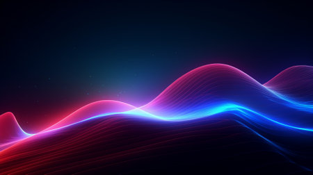 Abstract background with dynamic waves. Futuristic technology style, glowing wavy pattern of blue and red linesの素材