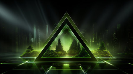 Futuristic dark green triangle with forest and neon lights on dark backgroundの素材