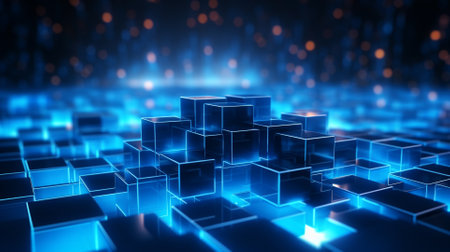 3d rendering, abstract background with blue cubes and glowing lights.の素材