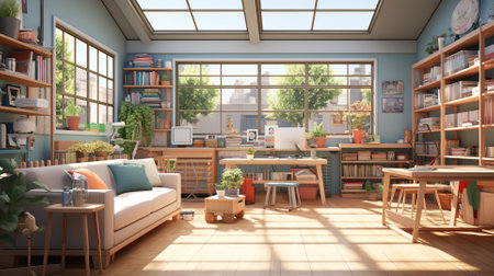 Interior of a modern living room in loft style. 3D renderingの素材