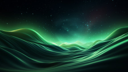 3d illustration of abstract green wavy background with stars and spaceの素材