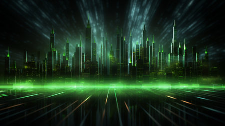 Futuristic cityscape with neon lights and laser show. 3D renderingの素材