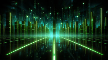 3D rendering of a futuristic corridor with neon lights and reflections.の素材