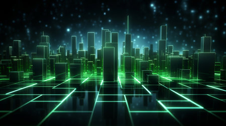 3D illustration of cityscape with green neon lights on a dark backgroundの素材