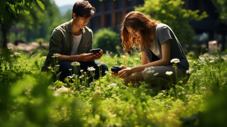 Young couple sitting on the grass in the park and using mobile phonesの素材