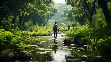 Rear view of a young man walking along a stream in a forestの素材