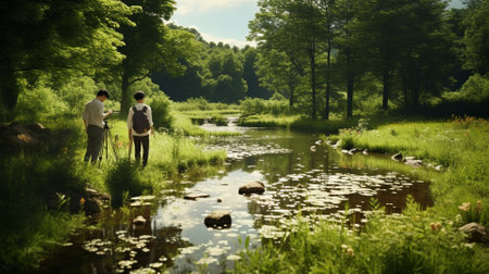 Two men looking at the river in the forest. A man and a woman standing by the river.の素材