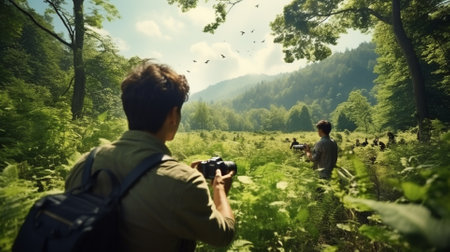Photographer taking pictures of nature. Man with a camera in the forest. concept of world photography dayの素材
