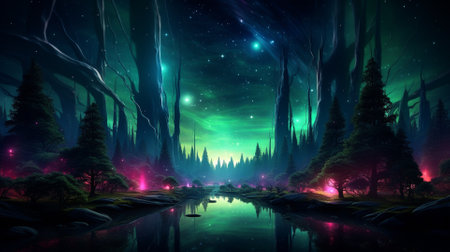 Fantasy landscape with forest, lake and night sky. 3d renderingの素材