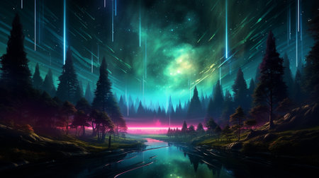 Fantasy landscape with a river, a forest and a starry skyの素材