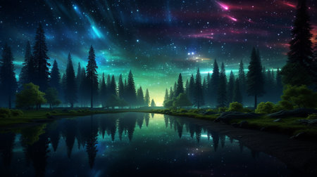 Fantasy landscape with lake and starry sky. 3D renderingの素材