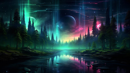 Fantasy alien planet. Mystical forest. 3D illustration.の素材
