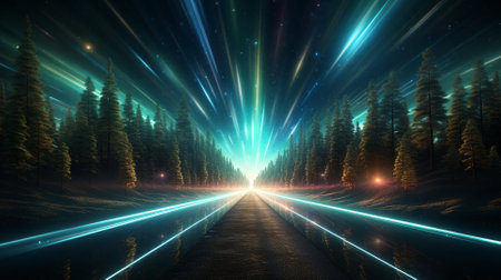 Futuristic road through the forest with neon lights. 3d renderingの素材