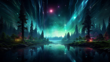 Fantasy landscape with lake, forest and aurora borealis.の素材