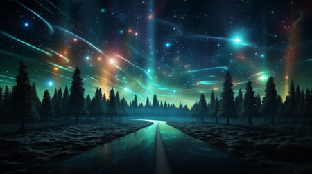Fantasy night landscape with road and starry sky. 3D renderingの素材