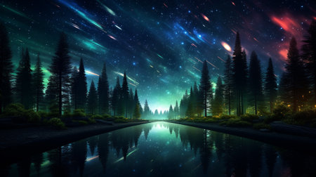 Fantasy landscape with milky way over water and pine forest.の素材
