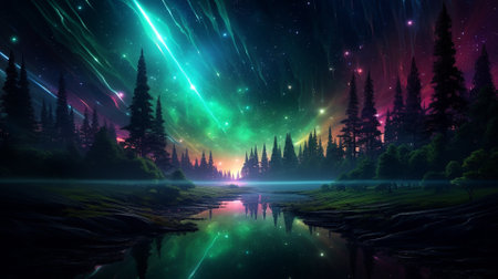 Fantasy landscape with aurora borealis and lake. 3d illustrationの素材