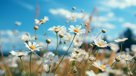 White daisies on blue sky background. Chamomile fieldの素材