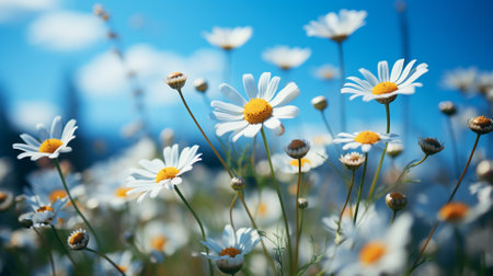 White daisies in the meadow on a background of blue skyの素材